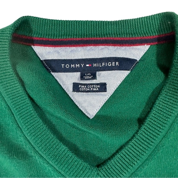 Tommy Hilfiger 100% Pima Cotton Green V-Neck Pullover Sweater Sz XL Flag Logo - Picture 11 of 13